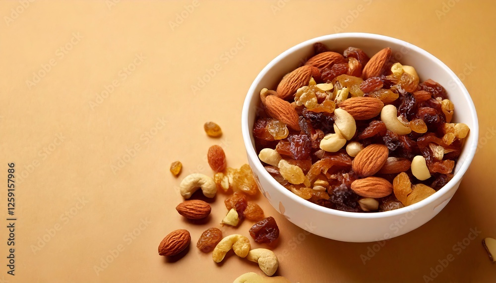 Ai generative, The mix of various nuts and raisins in a white bowl on a beige background. Ai generative, The mix of various nuts and raisins in a white bowl on a beige background.