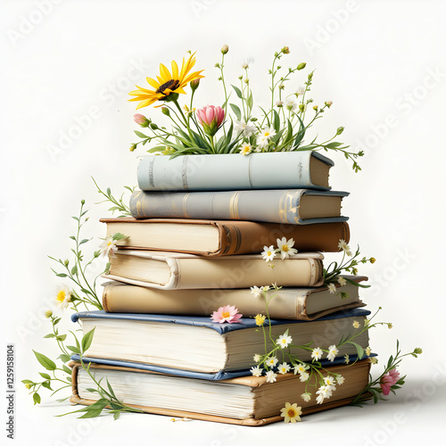Stack of Vintage Books Surrounded by Colorful Flowers Creating a Charming and Serene Atmosphere