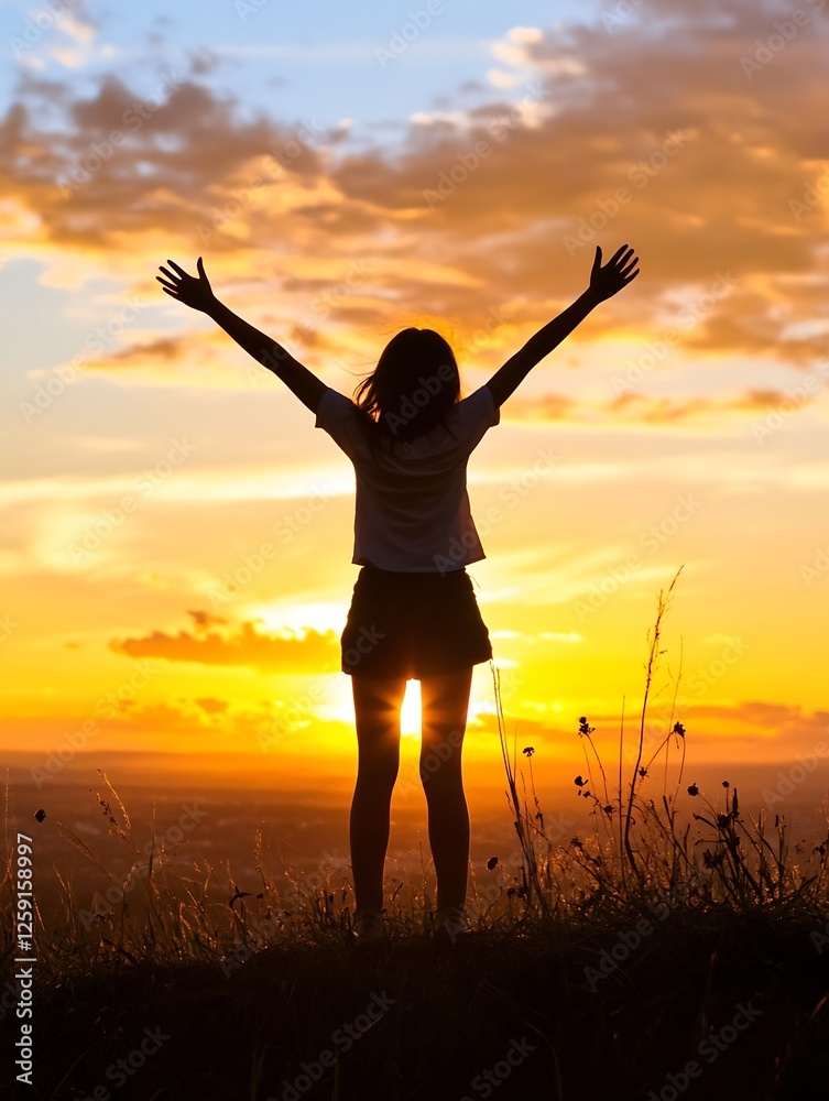 Fototapeta premium Silhouette of a joyful person celebrating at sunset atop a hill : Generative AI