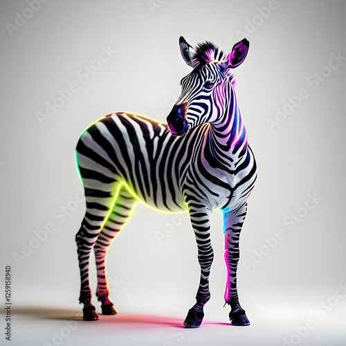 Vibrant, Colorful Zebra with Neon Light Effects and Striking Stripes in an Artistic Display