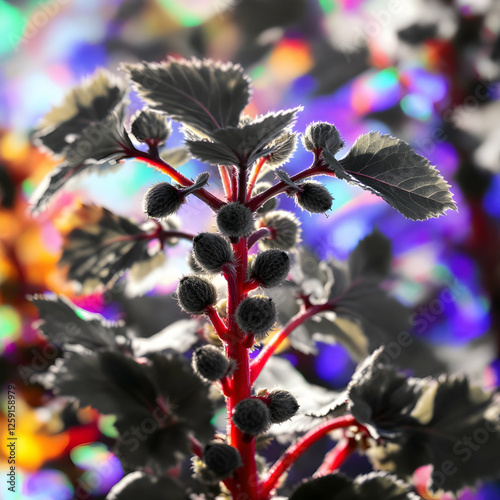 Vibrant Black Berries with Red Stems Against a Colorful Abstract Background in Nature
