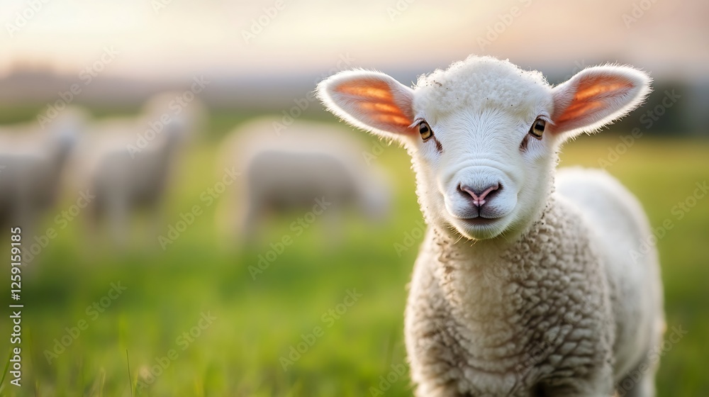 Obraz premium Adorable Lamb Looking Playfully at the Camera in Lush Green Pasture with Soft Light : Generative AI