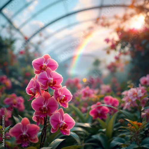 Vibrant Pink Orchids and a Beautiful Rainbow in a Serene Botanical Garden at Sunrise