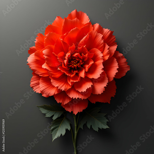 Vibrant Red Flower with Detailed Petals and Lush Green Leaves Against a Dark Background