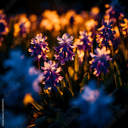 Vibrant Purple and Orange Flower Blooming Under Soft Sunset Glow in a Lush Garden Setting