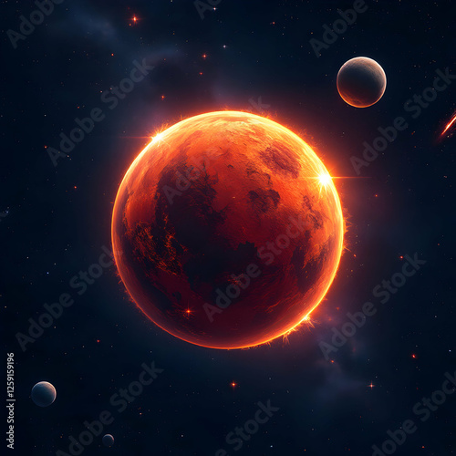 Vibrant Red Planet Surrounded by Distant Celestial Bodies in a Cosmic Night Sky