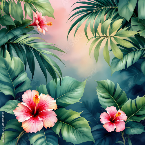 Vibrant Tropical Hibiscus Flowers Surrounded by Lush Green Leaves in a Colorful Background