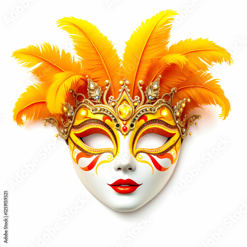 Vibrant Yellow Carnival Mask Adorned With Feathers and Jewels for Festive Celebrations
