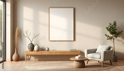 modern japandi living room with empty frame mockup, soft beige walls, organic wood furniture, neutral decor, wabi-sabi simplicity, warm ambiance
