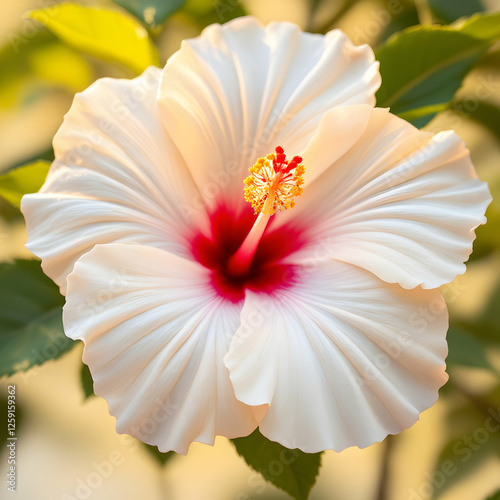 Vibrant White Hibiscus Flower with Red Center Blooms Amidst Lush Green Foliage
