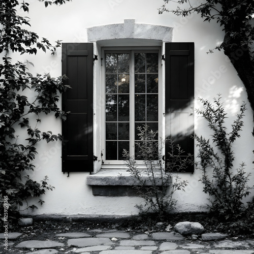 Vintage Black And White Window With Shutters Surrounded By Greenery And Stone Pathway