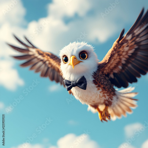 Whimsical Owl in Bowtie Soaring Through a Bright Blue Sky with Fluffy White Clouds