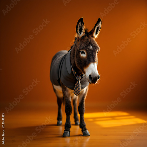 Whimsical Portrait of Business Attire Wearing Donkey with Tie on Orange Background