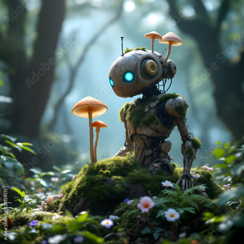 Whimsical Robot Surrounded by Colorful Mushrooms in a Magical Forest Glade with Soft Light