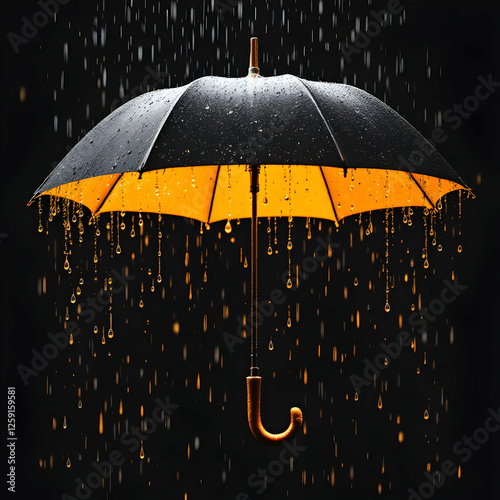 Yellow and Black Umbrella with Raindrops Against a Dark Background Creating a Moody Atmosphere