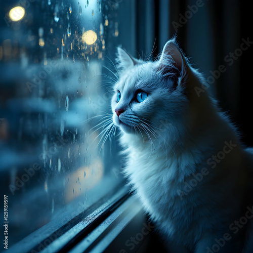 White Cat with Blue Eyes Gazing Thoughtfully Out a Rain-Blurred Window at Night