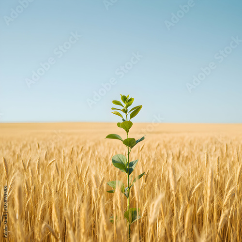 Young Green Plant Growing Amidst Golden Wheat Field Under Clear Blue Sky