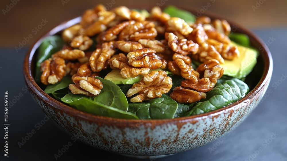 Candied Walnuts and Spinach Salad in Bowl