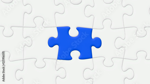 Blue Puzzle Piece Jigsaw Highlighted Among Other Grayed-Out Pieces, Centered, Vector 3D Effect