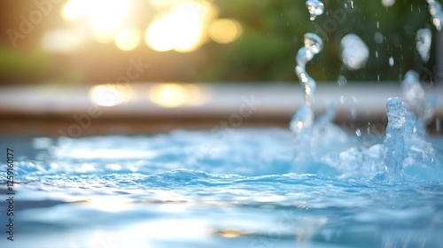 Water splash in pool reflecting golden sunlight for relaxation and tranquility atmosphere : Generative AI