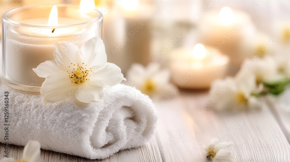 Relaxing spa scene with candles and white flower setting ambiance for wellness and tranquility in serene environment : Generative AI Relaxing spa scene with candles and white flower setting ambiance for wellness and tranquility in serene environment : Generative AI