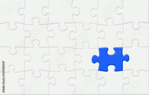 Blue Puzzle Piece Jigsaw Highlighted Among Other Grayed-Out Pieces, Off-Centered Background, Vector 3D Effect, Presentations and Meetings