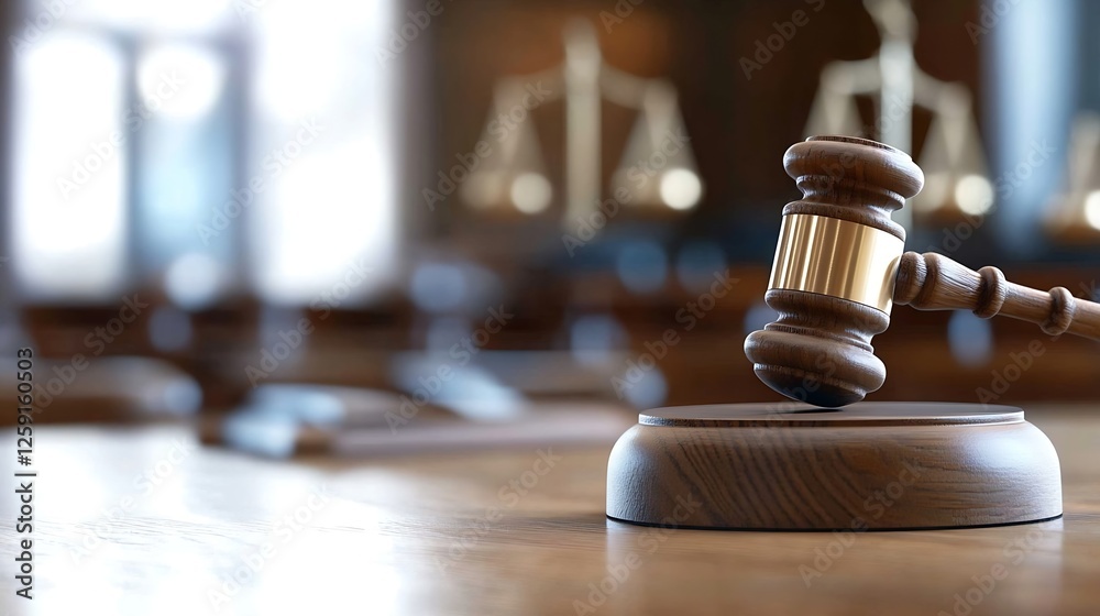 Justice System Symbolized by a Wooden Gavel in a Courtroom Setting : Generative AI Justice System Symbolized by a Wooden Gavel in a Courtroom Setting : Generative AI