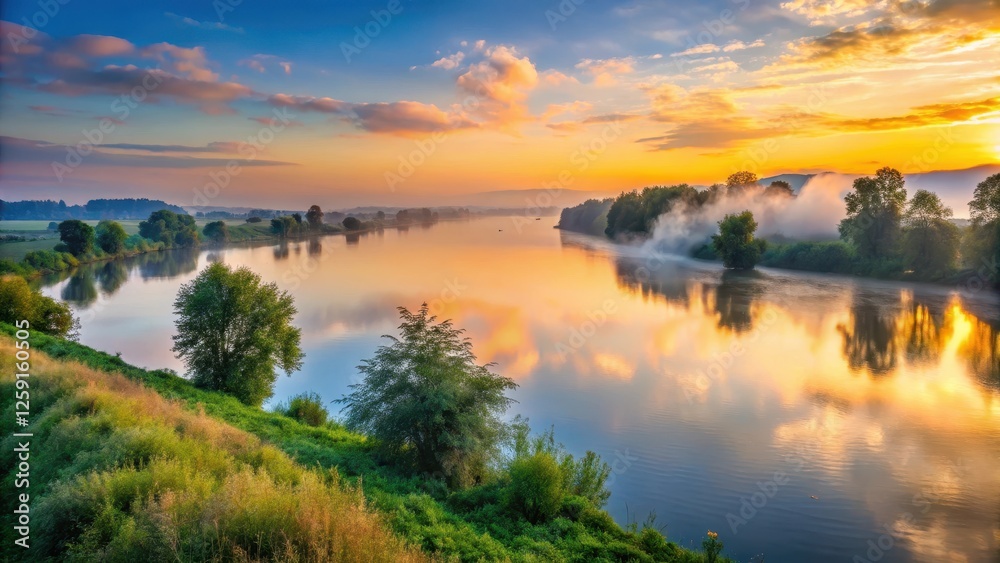 Fototapeta premium A serene sunset over the Rhine River in Germersheim with lush greenery and misty fog rolling along its banks , sunset, misty