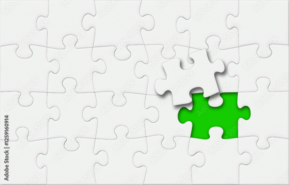 White Puzzle Pieces Jigsaw with One Last Missing Piece on Top and Green Background, Vector 3D Effect with Shadows