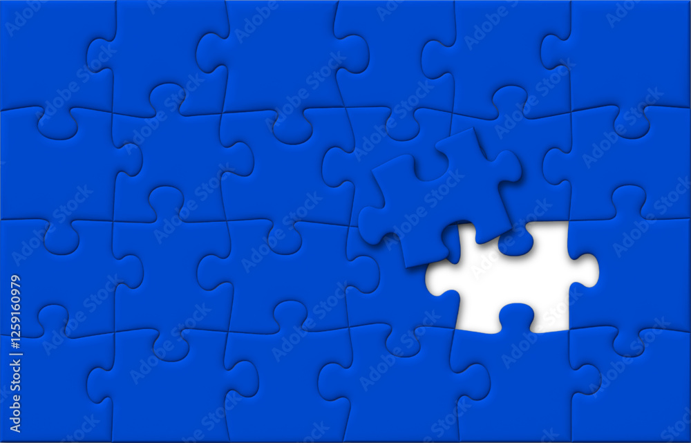 Blue Puzzle Pieces Jigsaw with One Last Missing Piece on Top, Off-Centered Background, Vector 3D Effect with Shadows Blue Puzzle Pieces Jigsaw with One Last Missing Piece on Top, Off-Centered Background, Vector 3D Effect with Shadows