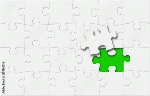 White Puzzle Pieces Jigsaw with One Last Missing Piece on Top and Green Background, Vector 3D Effect with Shadows