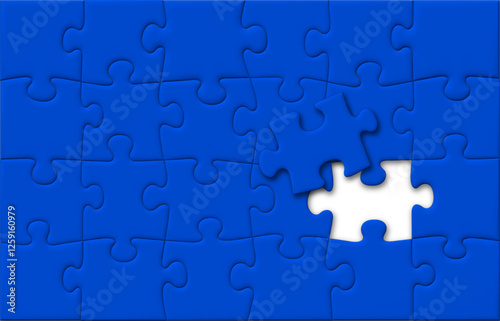 Blue Puzzle Pieces Jigsaw with One Last Missing Piece on Top, Off-Centered Background, Vector 3D Effect with Shadows