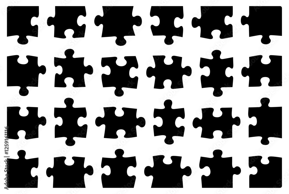 Set of Isolated Vector Puzzle Pieces, Forms Complete Puzzle, Round Corners, Black Fill, Icons Symbols