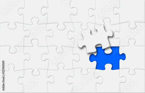 White Puzzle Pieces Jigsaw with One Last Missing Piece on Top and Blue Background, Vector 3D Effect with Shadows