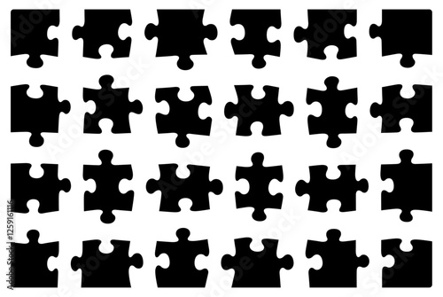 Set of Isolated Vector Puzzle Pieces, Forms Complete Puzzle, Round Corners, Black Fill, Icons Symbols