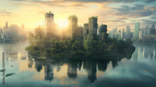 Overgrown city island, calm water, sunrise, nature reclaiming urban landscape, environmental concept. Serene Apocalypse. Illustration
