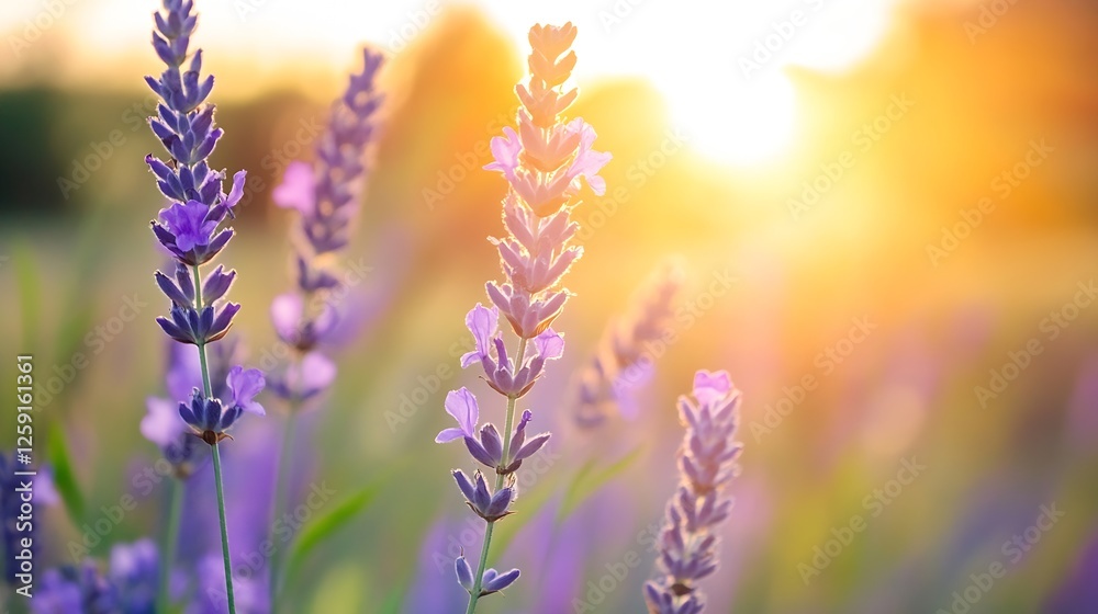 Fototapeta premium Lavender Flowers in Bloom Under Warm Sunlight on a Summer Day : Generative AI