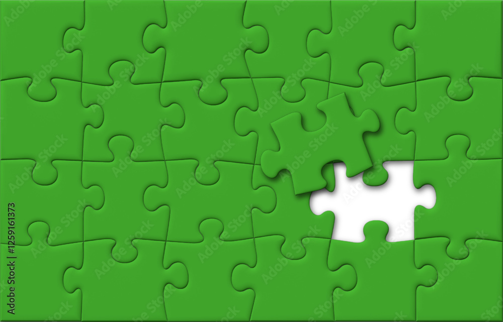 Green Puzzle Pieces Jigsaw with One Last Missing Piece on Top, Off-Centered Background, Vector 3D Effect with Shadows Green Puzzle Pieces Jigsaw with One Last Missing Piece on Top, Off-Centered Background, Vector 3D Effect with Shadows