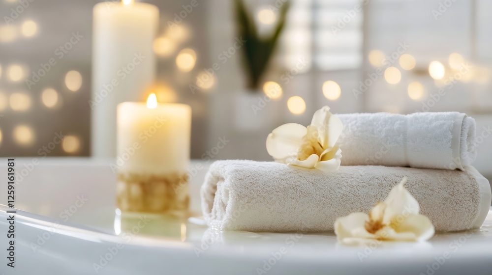 Serene and Relaxing Spa Bathroom Setting with Soft Towels and Candles for Stress Relief : Generative AI Serene and Relaxing Spa Bathroom Setting with Soft Towels and Candles for Stress Relief : Generative AI