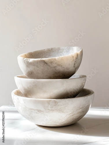 Set of Elegant Stone Bowls Stacked in Modern Kitchen with Natural Background : Generative AI photo