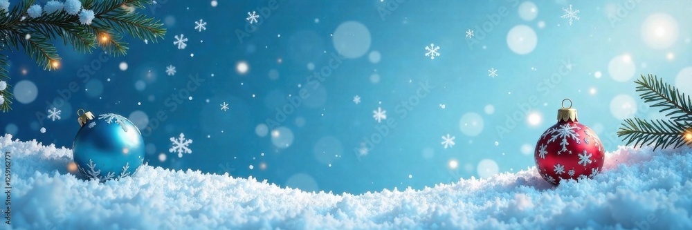 Naklejka premium Swirling snowflakes with ornaments in mid-air amidst blue sky, ornaments, blue, swirling