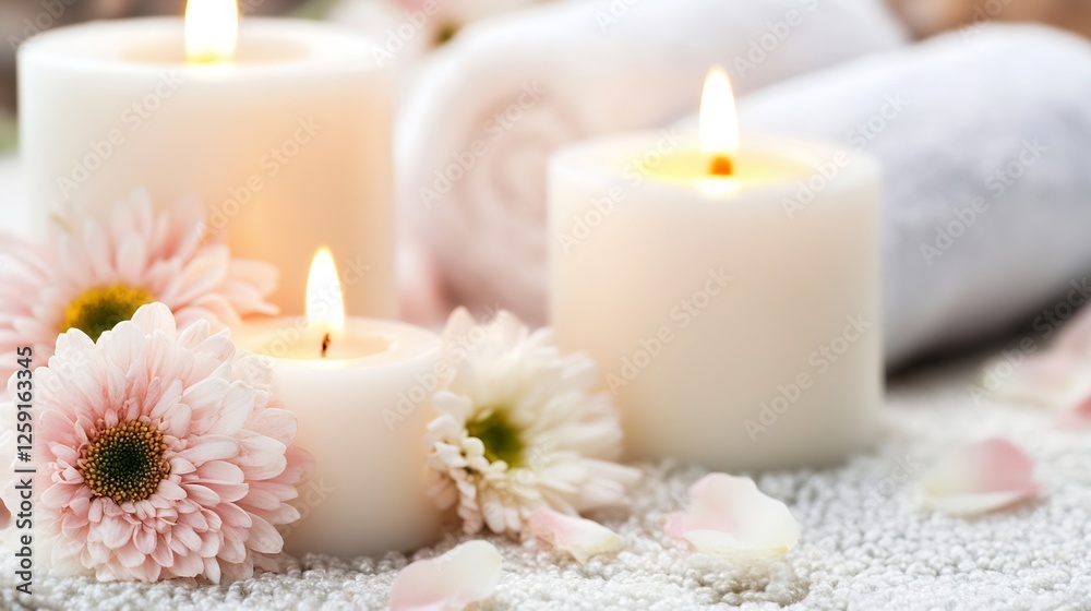 Serene Spa Ambiance with White Candles Flower Petals and Soft Towels for Relaxation and Wellness : Generative AI Serene Spa Ambiance with White Candles Flower Petals and Soft Towels for Relaxation and Wellness : Generative AI