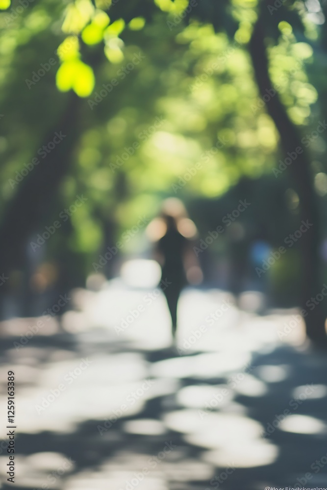 Serene blurred image of a woman walking through a green leafy pathway in summer : Generative AI Serene blurred image of a woman walking through a green leafy pathway in summer : Generative AI