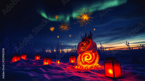 Enchanted Winter Wonderland: Fiery Dragon Lanterns Amidst Aurora Borealis with Splendid Fireworks and Snow in Stunning Vector Art
