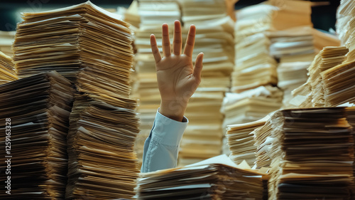 Hand raised above piles of paperwork, symbolizing stress and overwhelm in office environment. chaotic scene reflects burden of excessive documentation