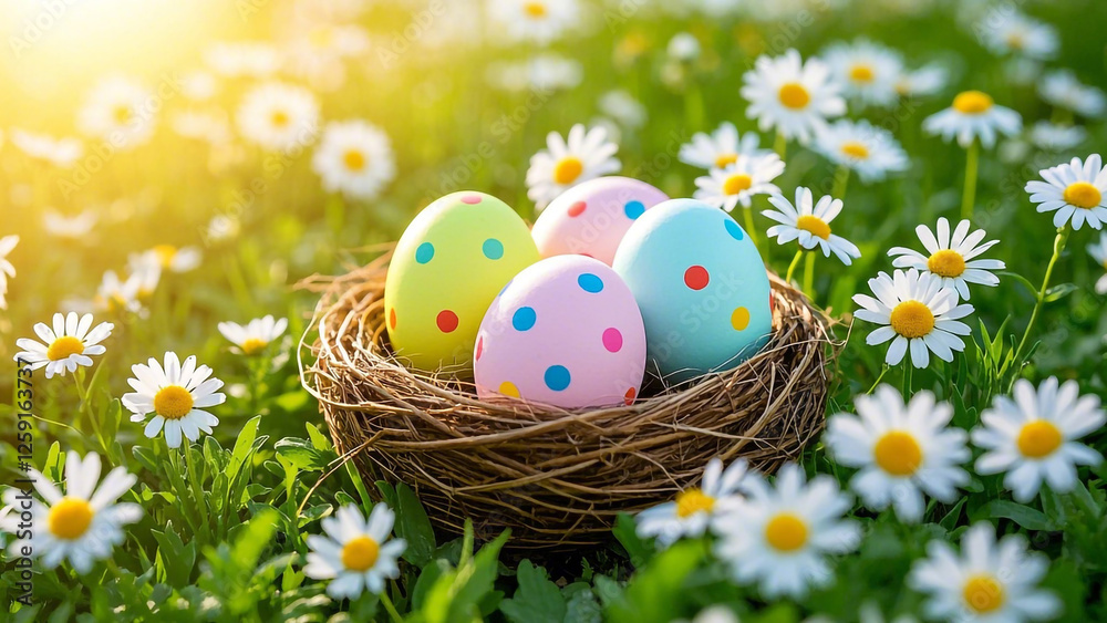 Four decorated Easter eggs nestled in a small, rustic bird's nestl, Easte, Happy Easer, Easter Bunny, Easter Sunday Four decorated Easter eggs nestled in a small, rustic bird's nestl, Easte, Happy Easer, Easter Bunny, Easter Sunday