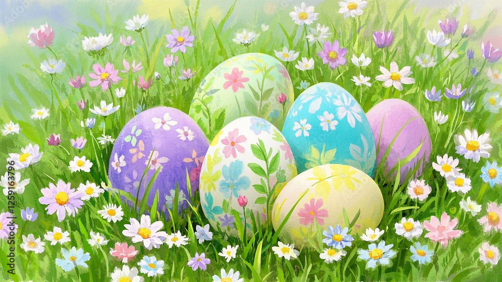 Many decorated Easter eggs are nestled amongst grass and wildflowersl, Easte, Happy Easer, Easter Bunny, Easter Sunday Many decorated Easter eggs are nestled amongst grass and wildflowersl, Easte, Happy Easer, Easter Bunny, Easter Sunday