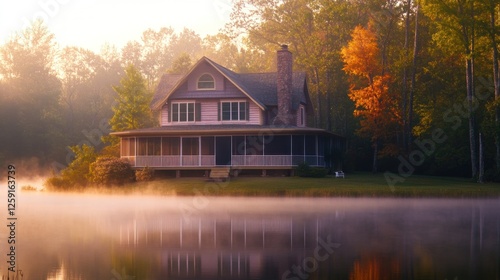 Lakeside House Autumn Morning Mist Enveloped