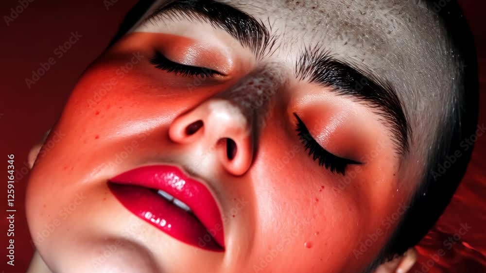 Bold beauty close-up showcasing striking facial features and radiant makeup technique against a vibrant backdrop