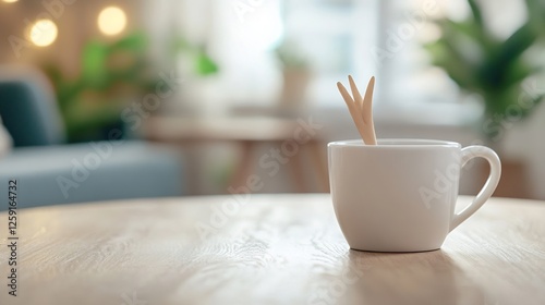 Minimalist White Coffee Cup with Unique Spoon on Wooden Table : Generative AI photo